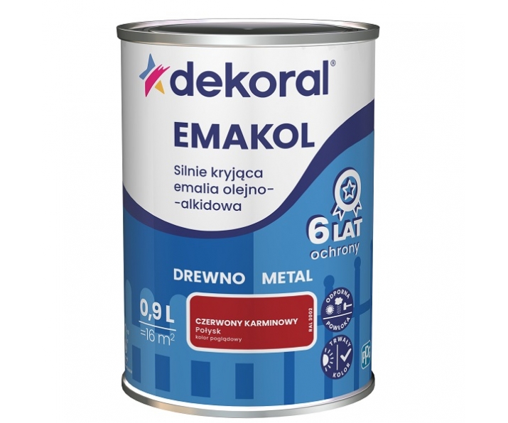 Dekoral Emakol Czerwony Karminowy Połysk 0,9L silnie kryjąca emalia do drewna i metalu