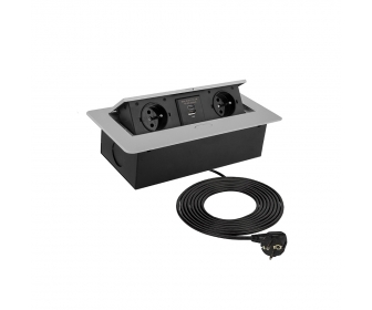 DESIGN LIGHT Przedłużacz biurkowy KOMBIBOX aluminium, 2x gniazdo francuskie, 1xUSB A, 1xUSB C, przewód 3m