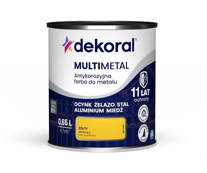 DEKORAL MULTIMETAL antykorozyjna farba do metalu, żółty 0,65L