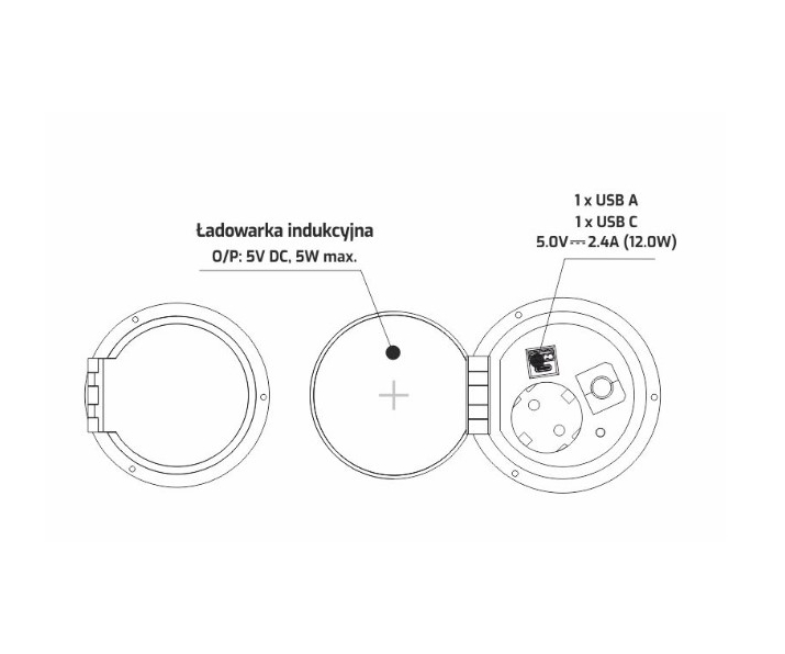 DESIGN LIGHT SAMBO BOX, 1xgniazdo SCHUKO, 1xUSB A, 1xUSB C, indukcja, przewód 1,8m, czarny