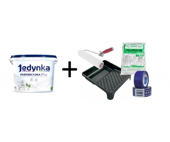 Komplet malarski: farba Jedynka Perfekcyjna Plus Biała 10L +  folia + wałek + kuweta + taśma malarska