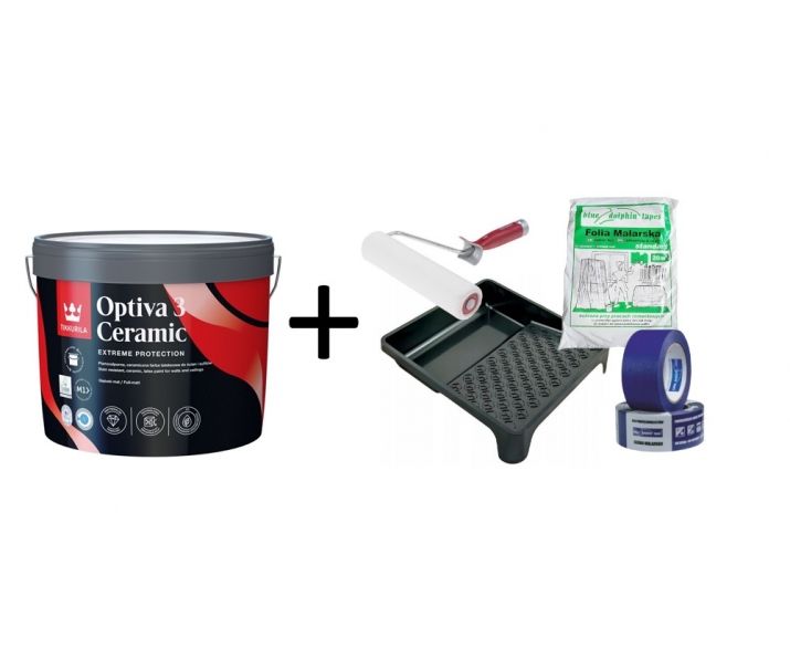 Komplet malarski: farba Tikkurila OPTIVA CERAMIC Super matt 3 Baza A 9L +  folia + wałek + kuweta + taśma malarska