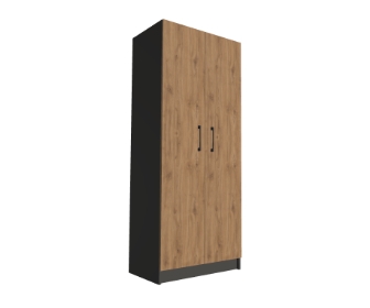 Szafa z półkami, drążkiem i miejscem na deskę do prasowania