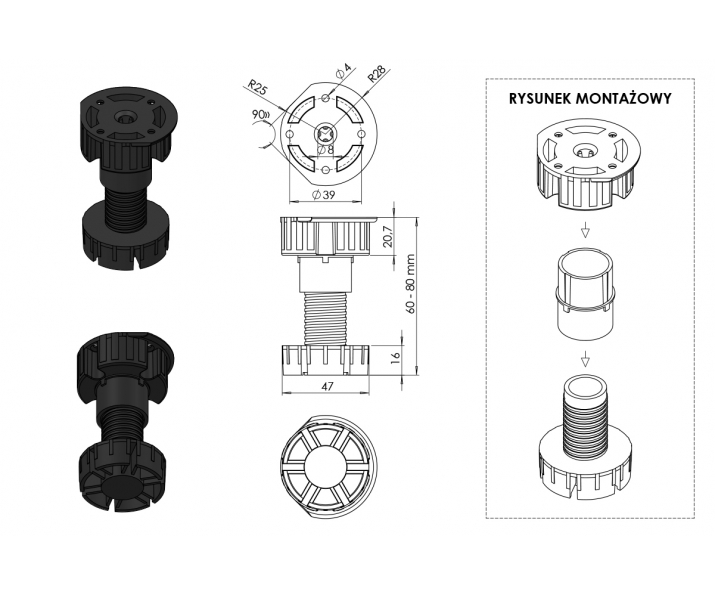 Nóżka plastikowa czarna  60 B stopka okrąg.