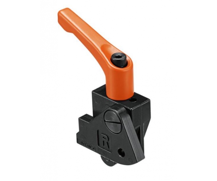 Zderzak pozycjonujący wąski z zaciskiem do MINIPRESS/PRO-CENTER, praw., czarny / pomarańczowy