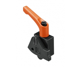 Zderzak pozycjonujący wąski z zaciskiem do MINIPRESS/PRO-CENTER, lew., czarny / pomarańczowy