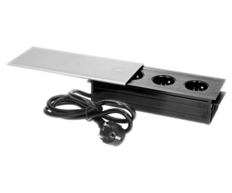 wyc.Przedłużacz biurkowy/ gniazdo meblowe wpuszczane w blat  3x2P+Z z przesuwną pokrywką i przewodem 1,5m, 3x1,5mm2, czarno-sre