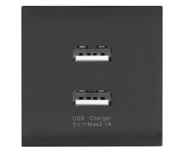 NOEN USB x 2, podwójny port modułowy 45x45mm z ładowarką USB, 2,1A 5V DC, czarny