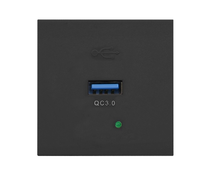 NOEN USBQ, port modułowy 45x45mm z ładowarką USB quick charge 3A/5V  2A/9V  1,5A/12V, czarny