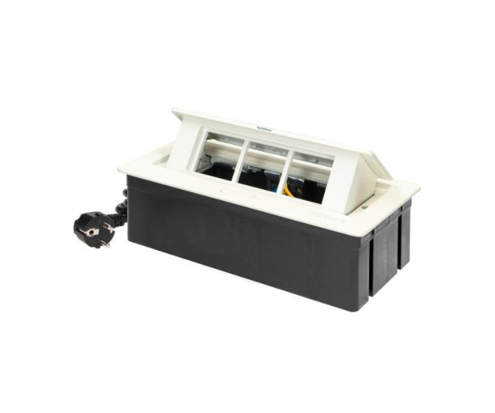 wyc.NOEN Kaseta meblowa wpuszczana w blat ze zintegrowaną ramką PCV na gniazda modułowe 3 x 45x45mm lub 6 x 22,5x45mm, przewód 