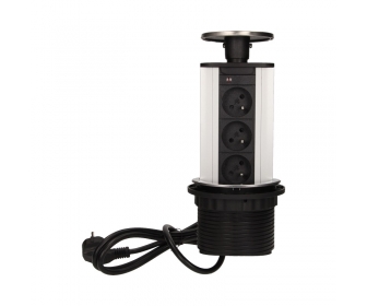 wyc.Przedłużacz biurkowy/ gniazdo meblowe Ø10cm wysuwane z blatu z przewodem 1,8m, 3x2P+Z, INOX