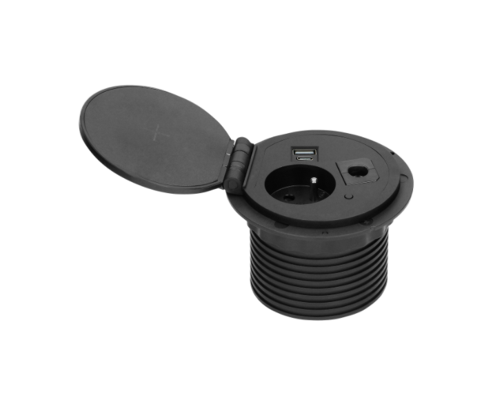 wyc.Przedłużacz biurkowy/ gniazdo meblowe Ø8cm wpuszczane w blat z ładowarką indukcyjną, ładowarką USB, przelotką kablową i prz