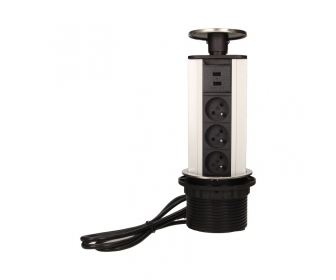 wyc.Przedłużacz biurkowy/ gniazdo meblowe Ø10cm wysuwane z blatu z przewodem 1,8m, 3x2P+Z, 2xUSB INOX