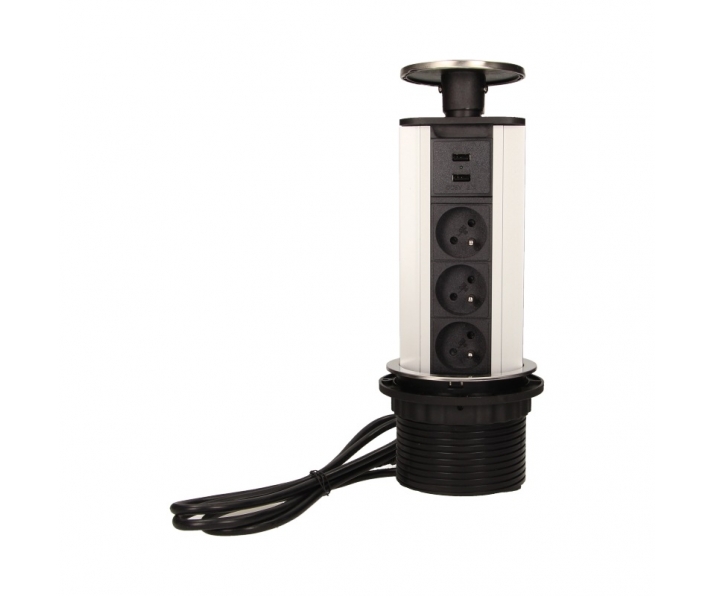 wyc.Przedłużacz biurkowy/ gniazdo meblowe Ø10cm wysuwane z blatu z przewodem 1,8m, 3x2P+Z, 2xUSB INOX