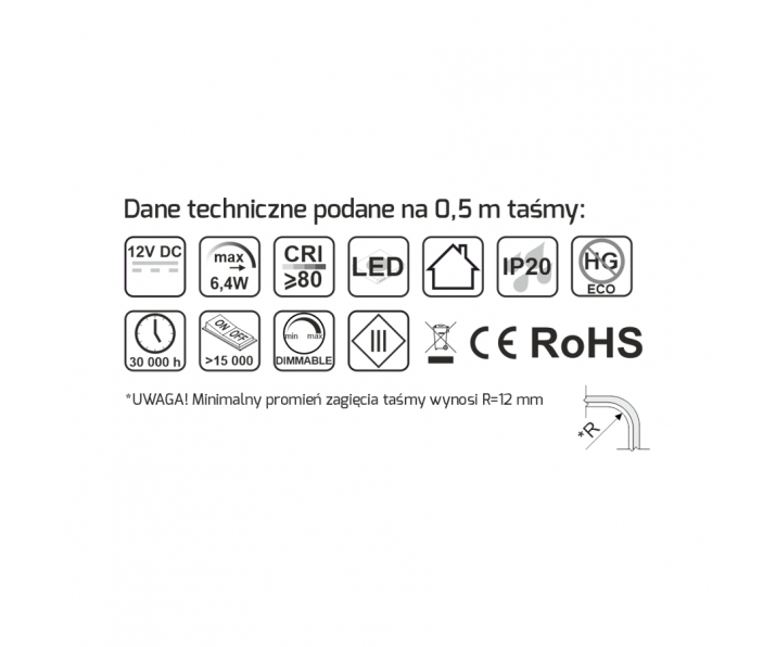 DESIGN LIGHT R-COB-480-8-30K-02 Taśma COB 480 LED/m IP20 12,8W/m biała ciepła