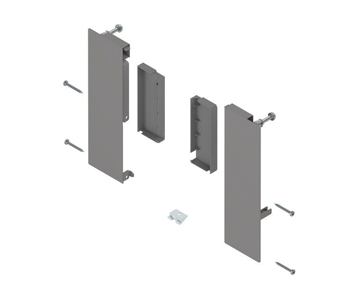 Mocowanie frontu MERIVOBOX, szary indium mat, do szuflady wew z relingiem poprzecznym, lewe/prawe