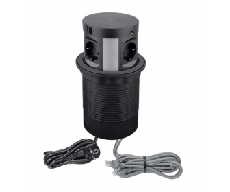 DESIGN LIGHT MULTI BOX, czarny, 4 x gniazdo SCHUKO, 2 x USB typ A, 2 x RJ45 2m, indukcja, przewód 1,7m