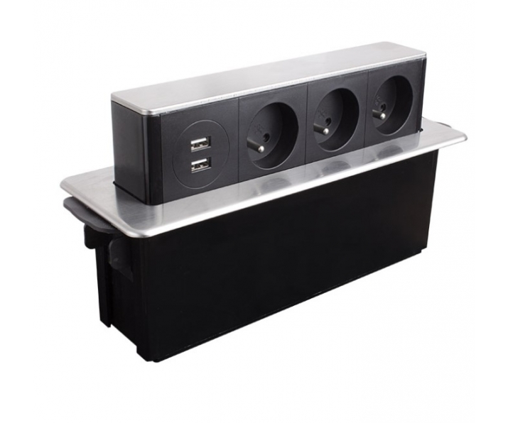 DESIGN LIGHT HOPBOX-SD-3FR-U-2-01 HOP BOX 3x gniazdo FR, 2x USB typ A, przewód 2m, stal drapana